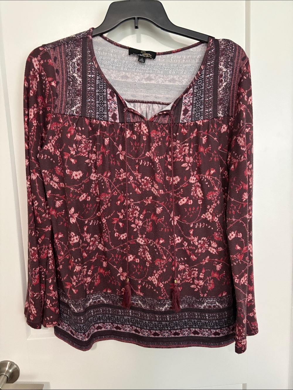 Suzanne Betro Burgundy Floral Peasant Top